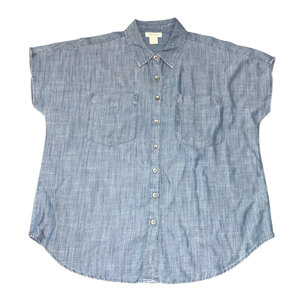 Ariat Chambray Shirt Womens Large Blue Denim Short Sleeve Button Up Top